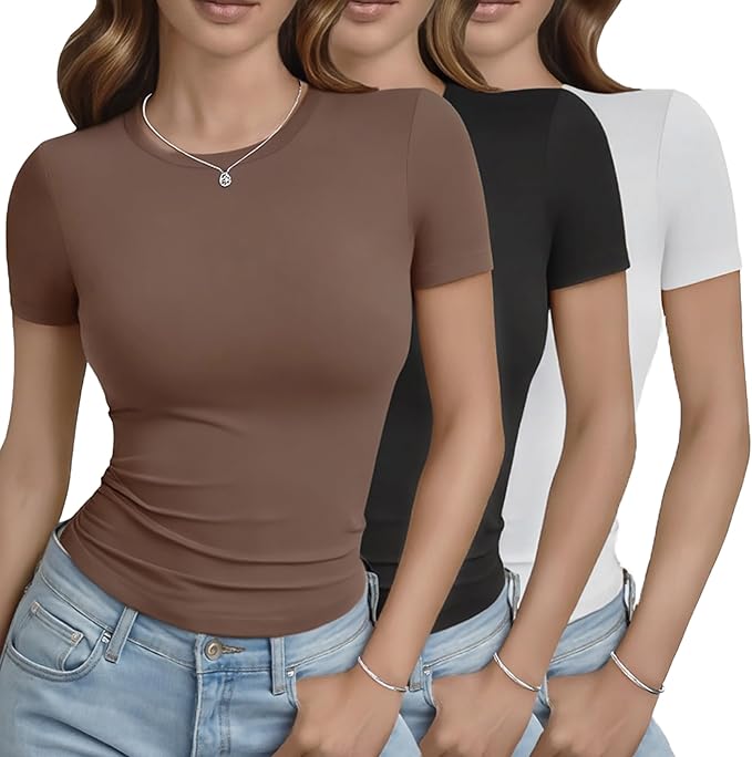 GAYHAY 3 Pack Basic Tees for Women - Crew Neck Slim Fit Tight T Shirts Cute